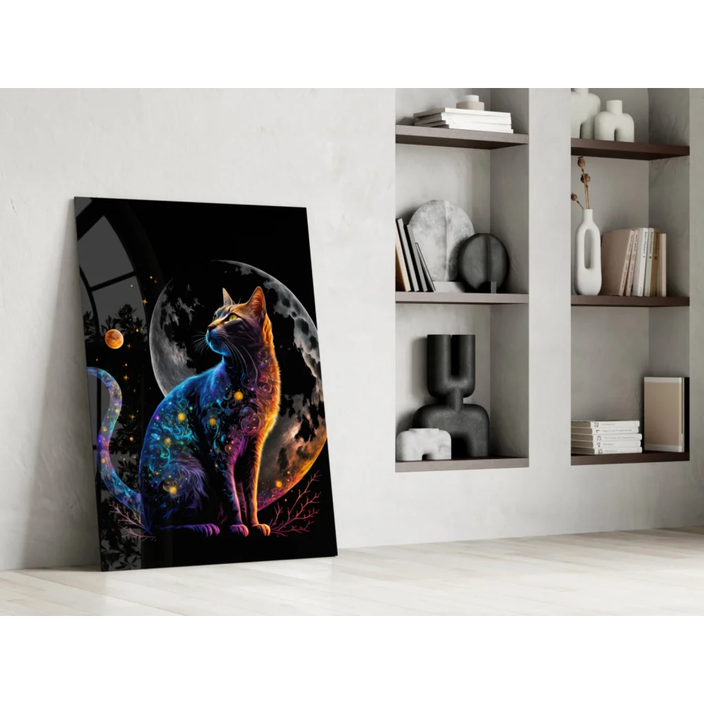 Vibrant cosmic cat glass wall art with glowing galaxy stars and moon