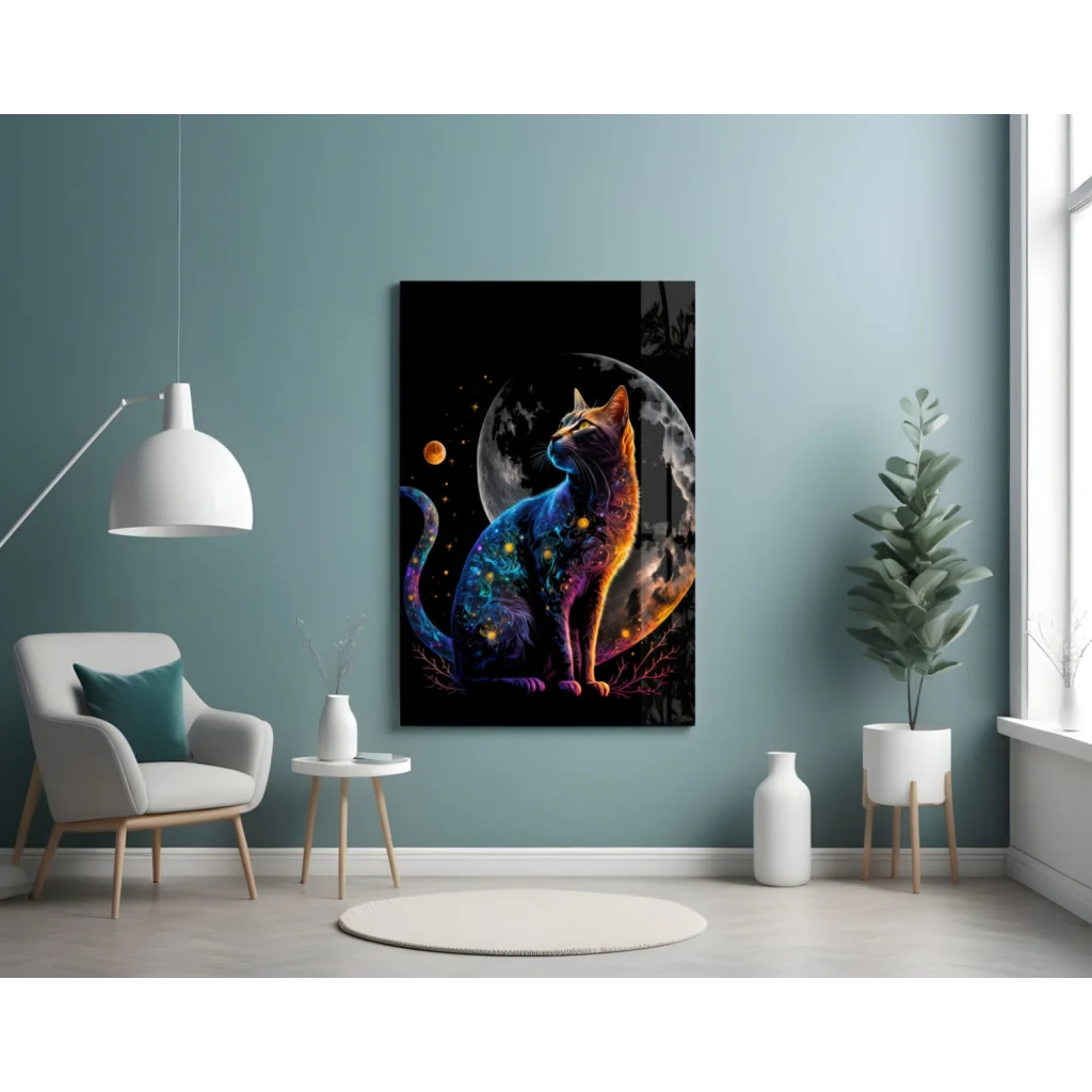 Vibrant cosmic cat glass wall art with iridescent blue hues and galaxy stars