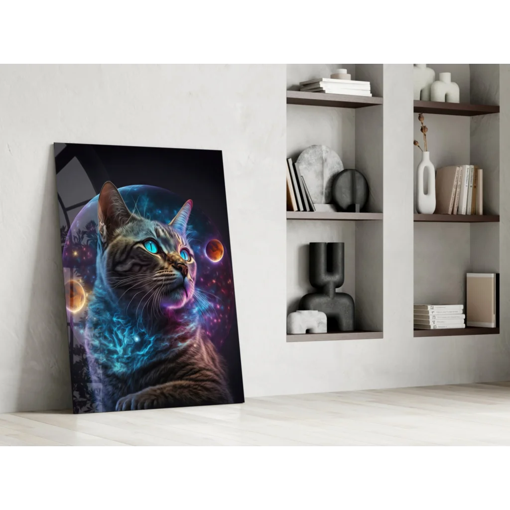 Vibrant tabby cat glass wall art with cosmic nebula background