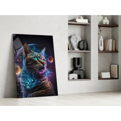 Vibrant tabby cat glass wall art with cosmic nebula background