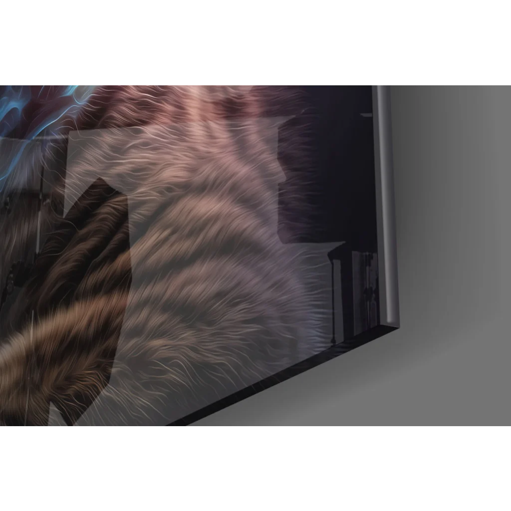 Framed glass wall art of striped fur with blue lightning effects