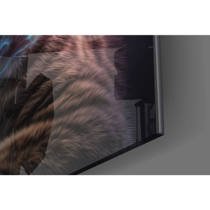 Framed glass wall art of striped fur with blue lightning effects