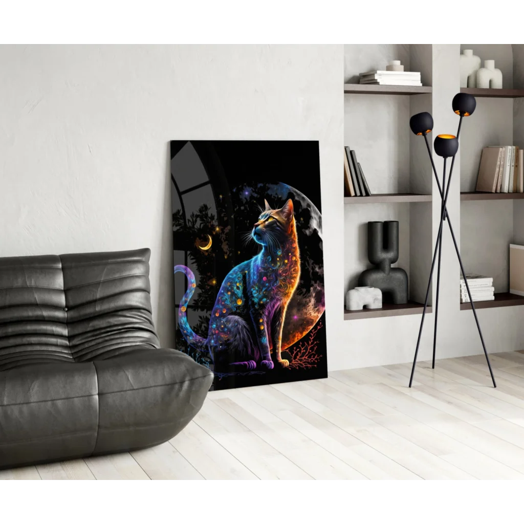Vibrant cosmic cat glass wall art with iridescent blue hues on black