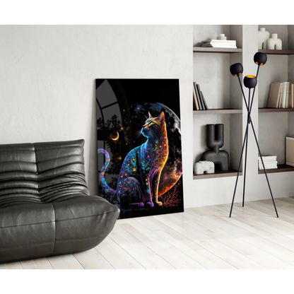 Vibrant cosmic cat glass wall art with iridescent blue hues on black