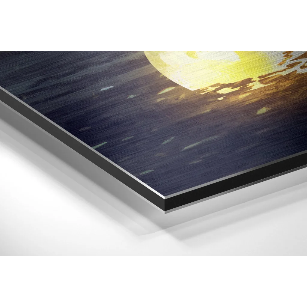 Vibrant sunset on brushed aluminium dibond print with yellow sun over water