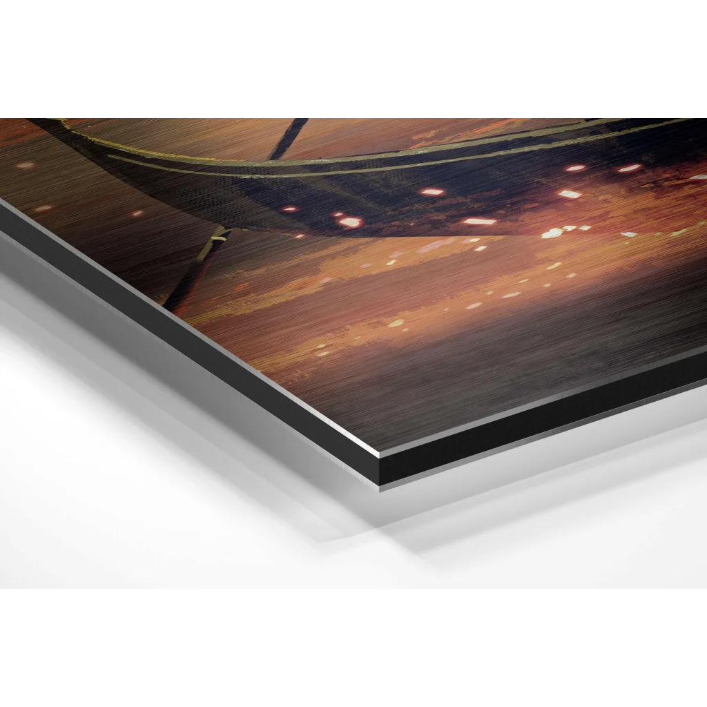 Glass Wall Art Sleek black acrylic boat print in warm amber hues on brushed aluminium dibond