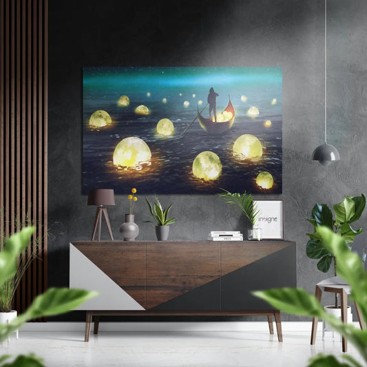 Lone figure in boat with glowing lanterns on brushed aluminium dibond print