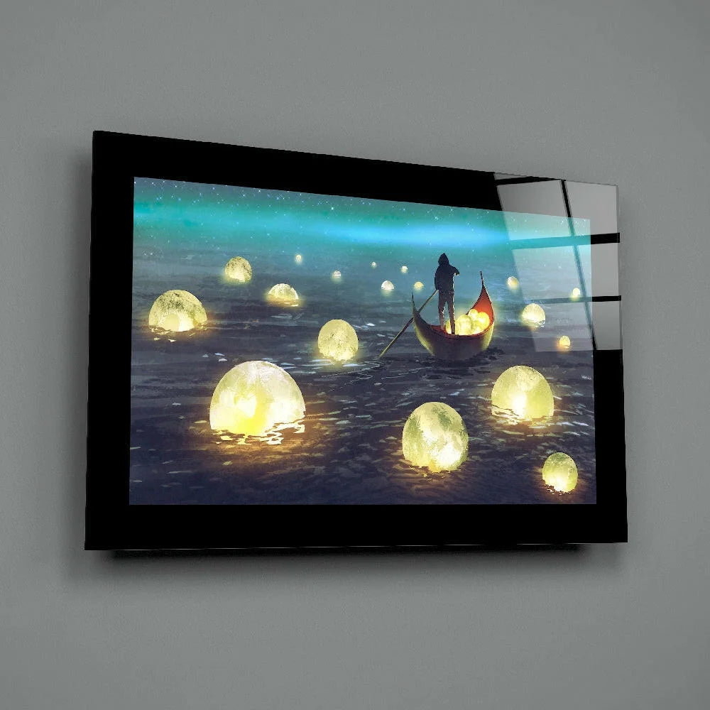 Silhouette in boat navigating glowing orbs on dark water in Glowing Lanterns glass wall art