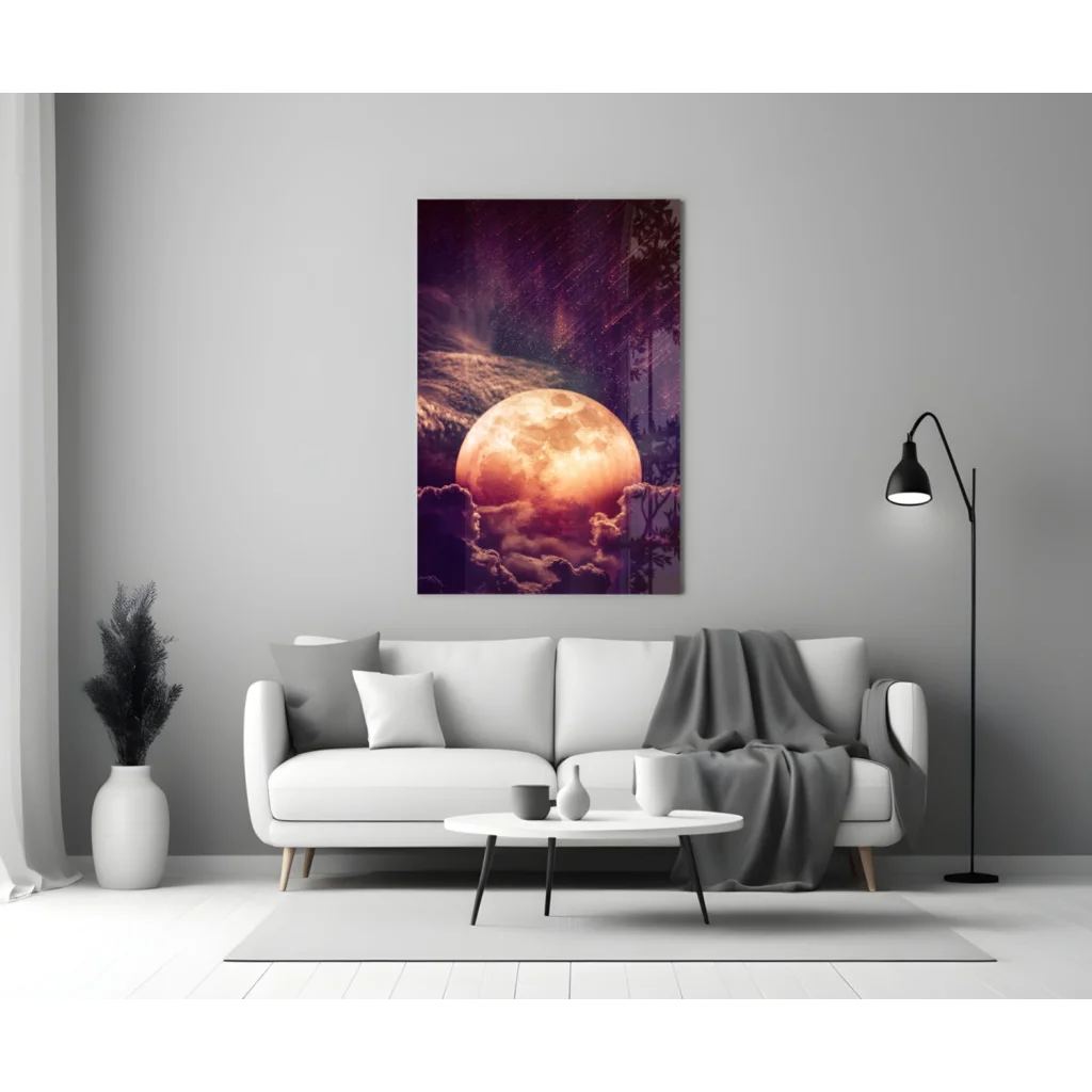 Glowing orange moon canvas wall art with purple night sky and silhouetted trees