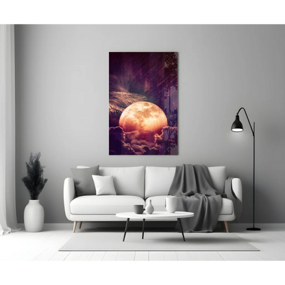 Glowing orange moon canvas wall art with purple night sky and silhouetted trees