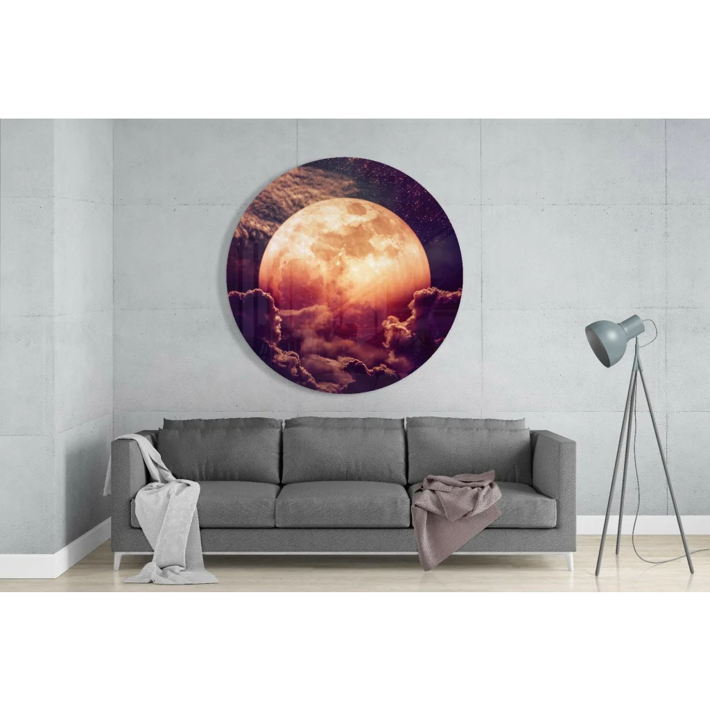 Vibrant orange purple moon glass art on tempered glass with starry sky