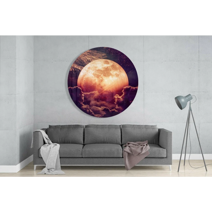 Vibrant orange purple moon glass art on tempered glass with starry sky