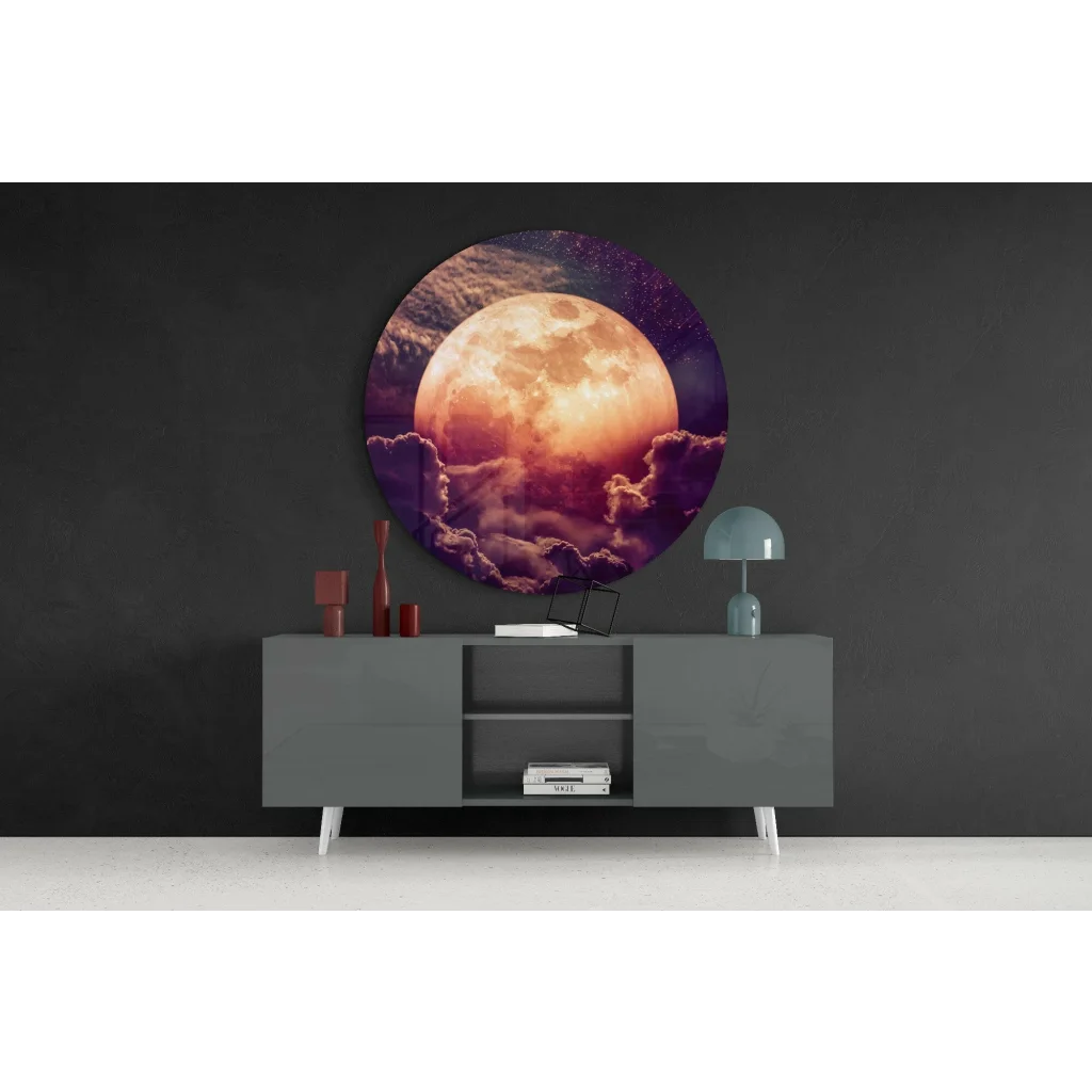 Vibrant orange purple moon glass art on tempered glass with starry sky