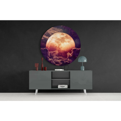 Vibrant orange purple moon glass art on tempered glass with starry sky