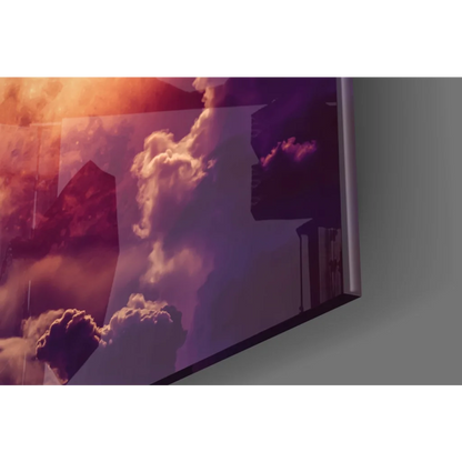 Sleek glass wall art of glowing orange moon in purple night sky with silhouetted buildings