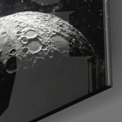 Black-and-white lunar craters glass wall art with starry night sky print