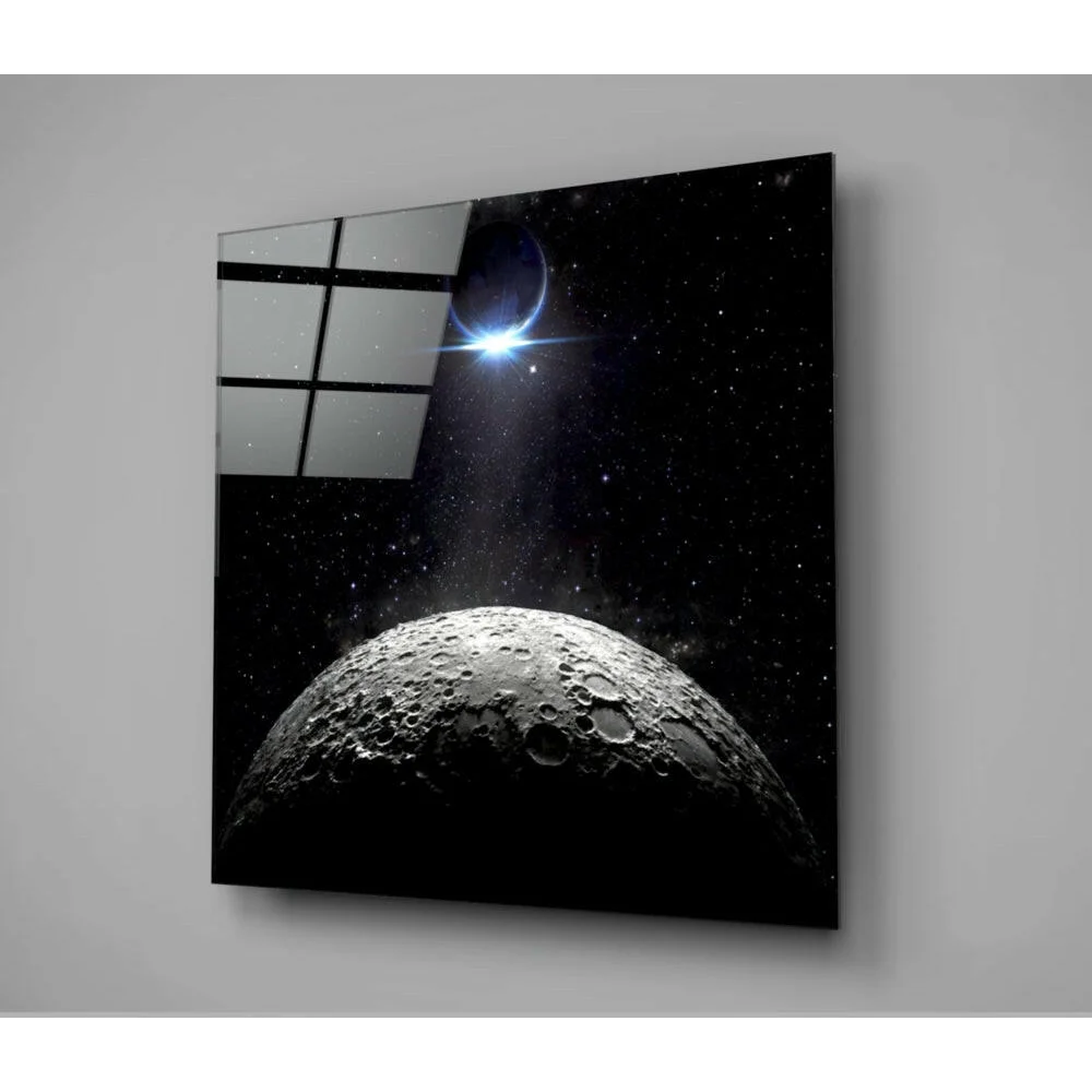 Black and white lunar craters glass wall art with starry night sky print