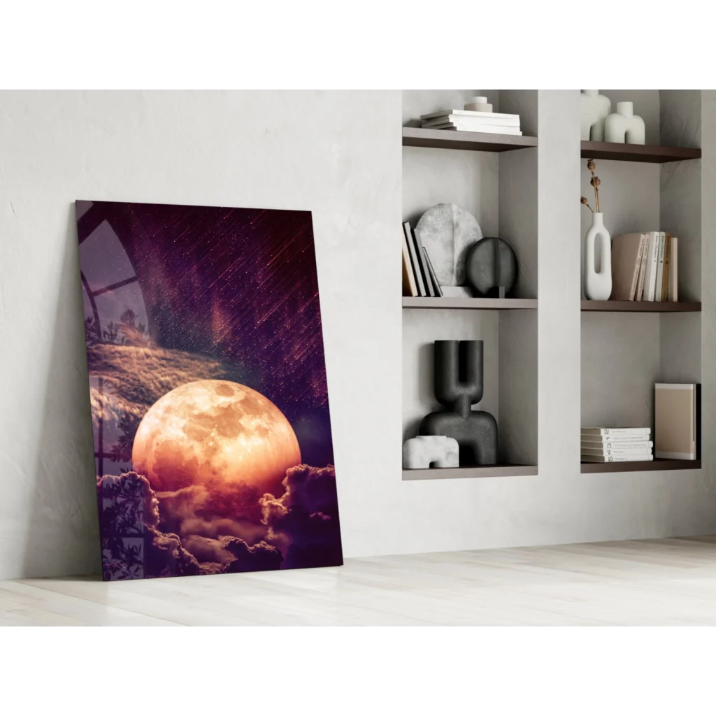 Glowing orange moon canvas wall art with purple night sky and trees
