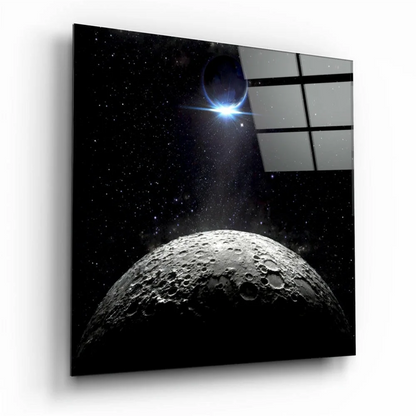 Black and white lunar craters glass wall art with starry night sky print