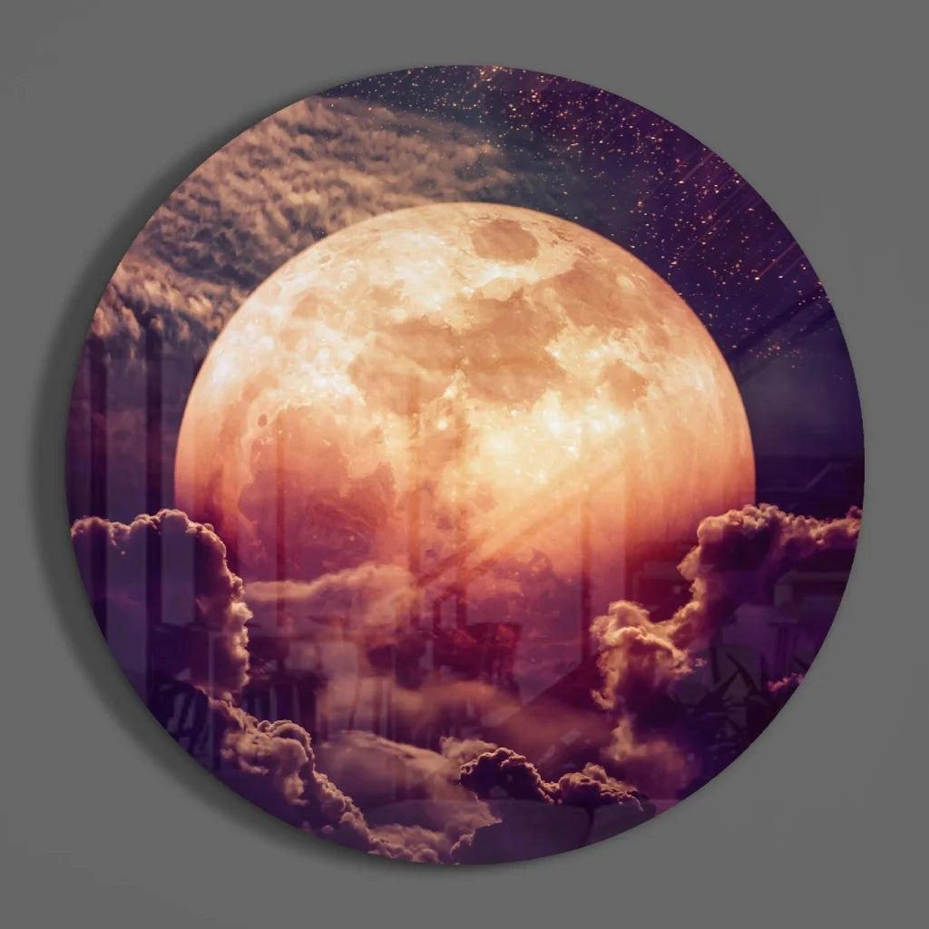 Glowing orange full moon in tempered glass art with purple starry sky