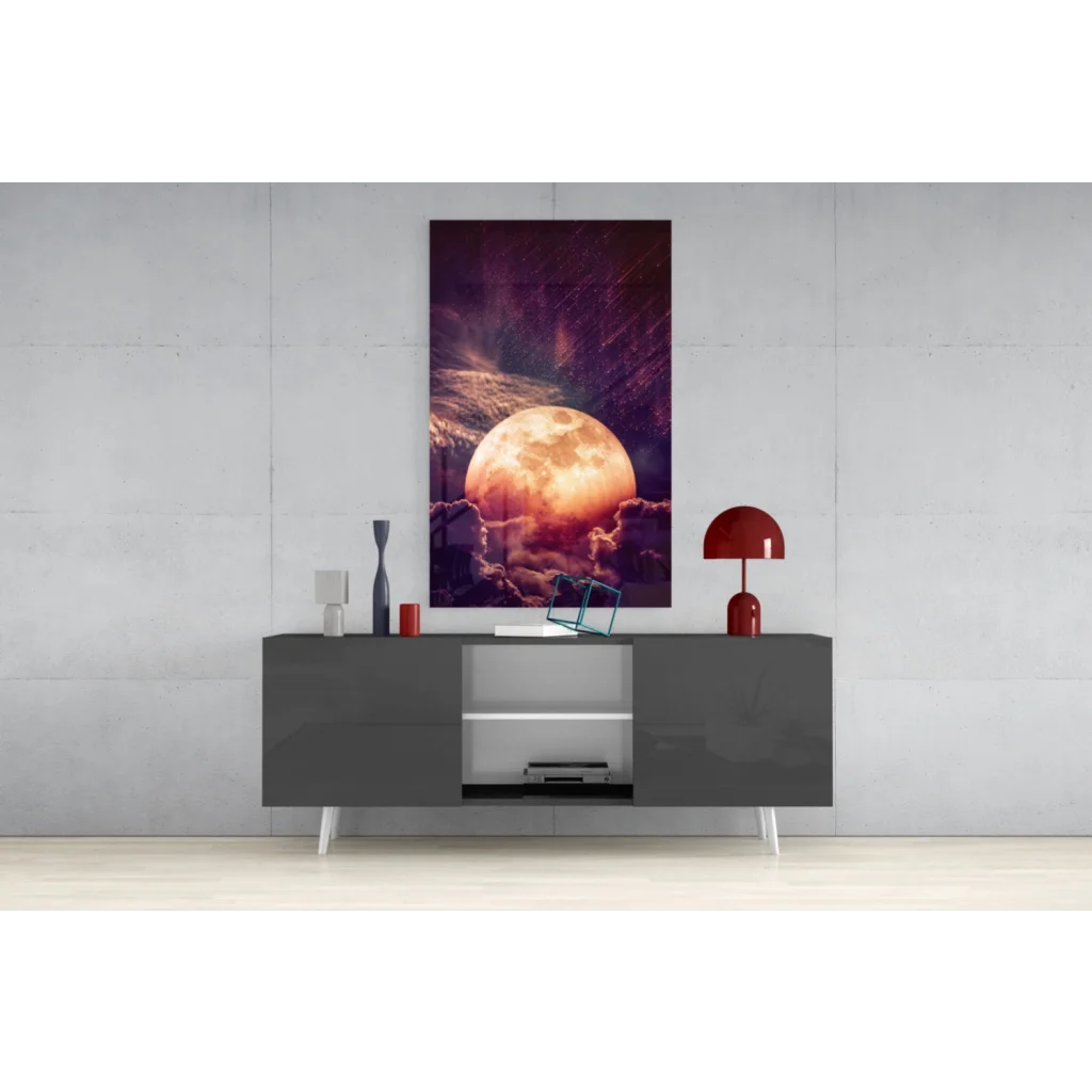 Vibrant orange moon wall art canvas with purple night sky above gray console