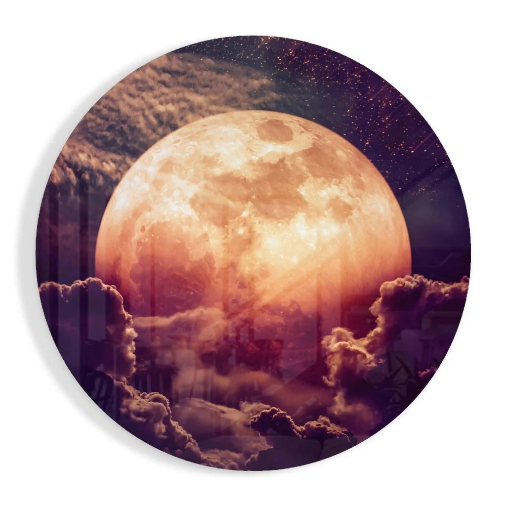 Glowing orange full moon in tempered glass art with purple starry sky