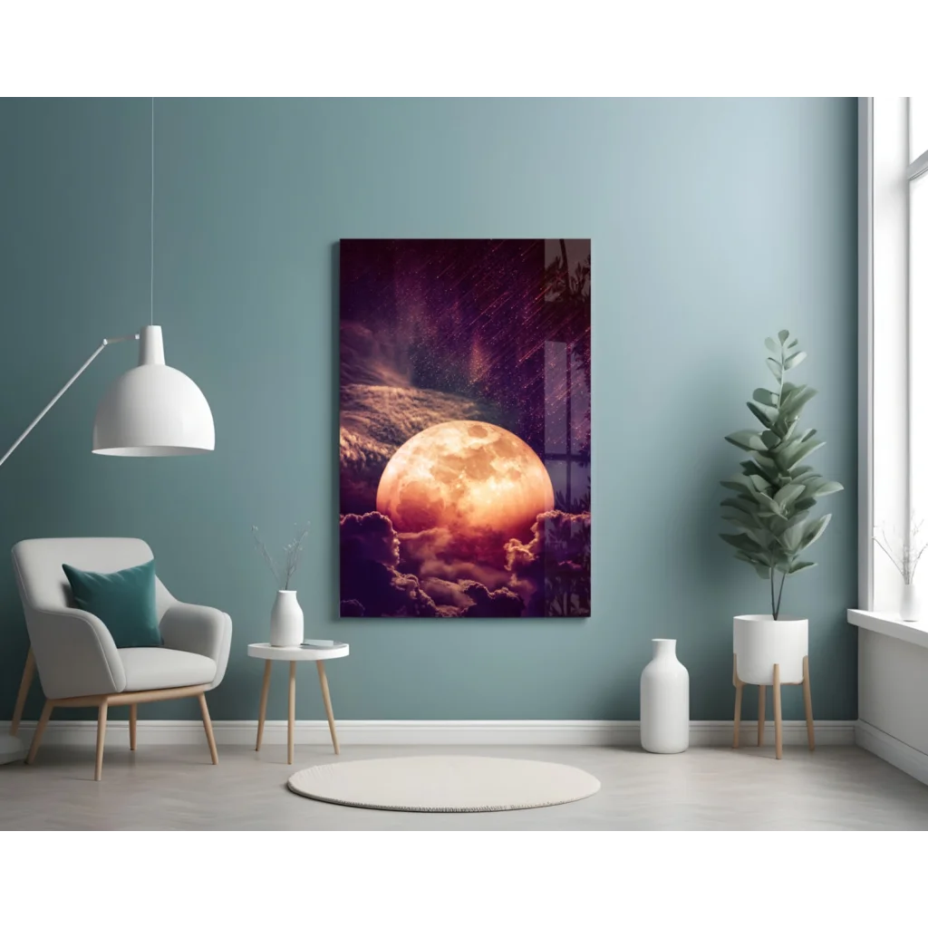 Vibrant glowing orange moon wall art canvas print on teal wall