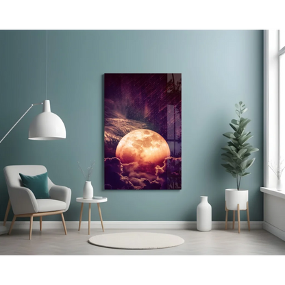 Vibrant glowing orange moon wall art canvas print on teal wall