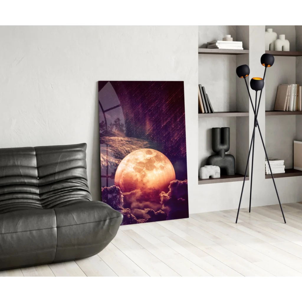 Glowing orange moon wall art on purple night sky canvas