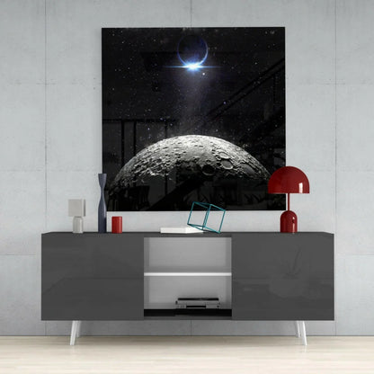 Black and white lunar craters glass wall art with starry night sky print