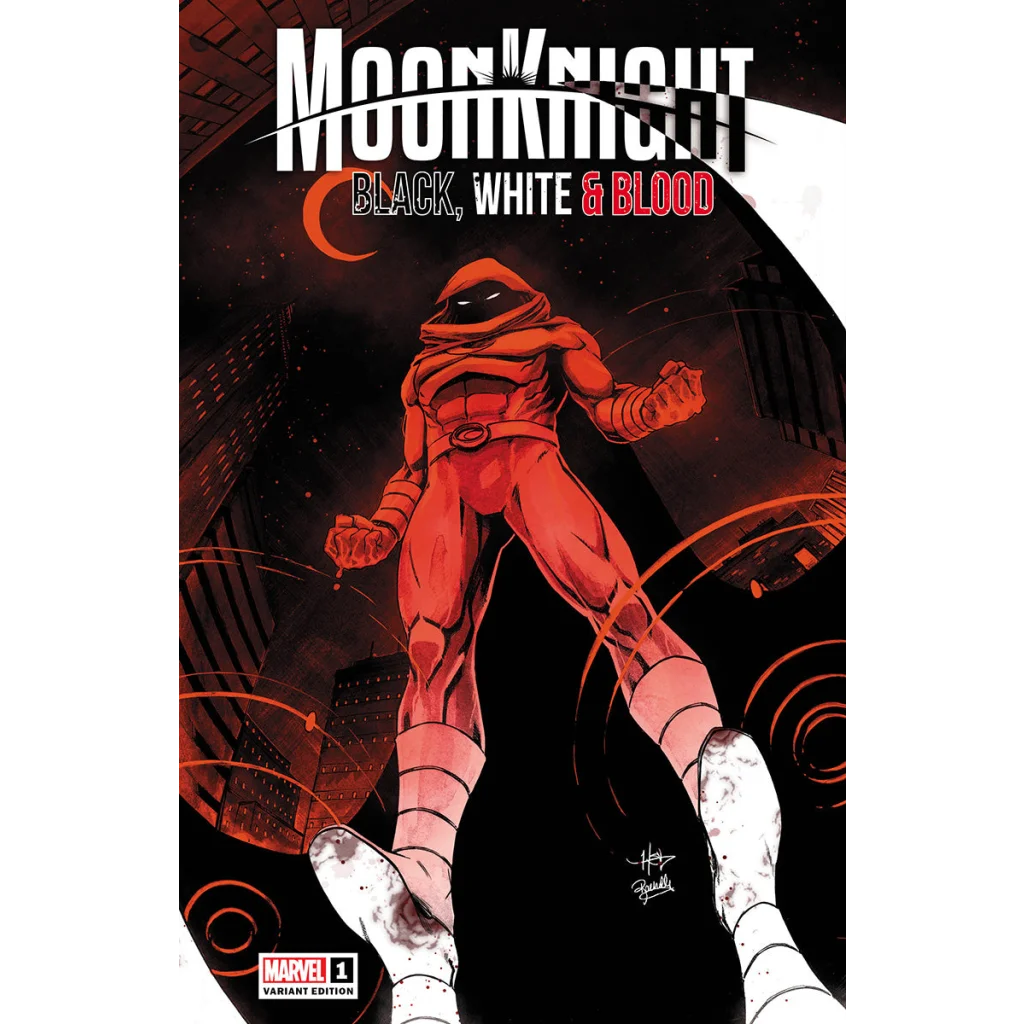 Comic book featuring Moon Knight in a red suit from Moon Knight Black White Blood series