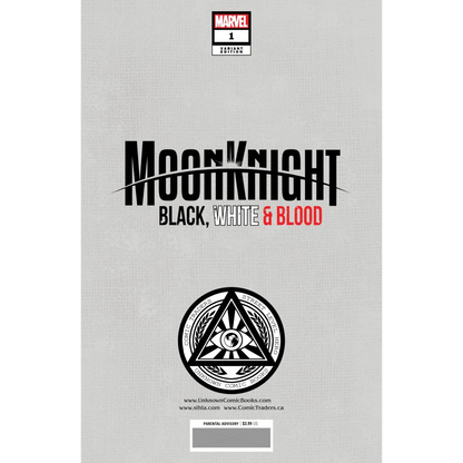 Comic book with gray cover, black and white title, circular logo featuring Moon Knight, Chris Bachalo, and Marc Spector