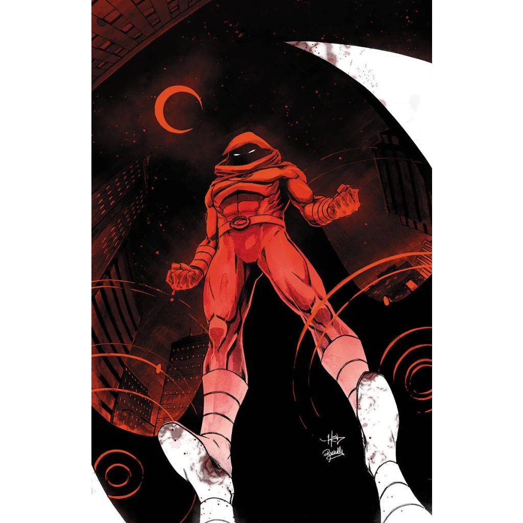 Red-hooded Moon Knight figure with glowing eyes and white boots from Chris Bachalo comic