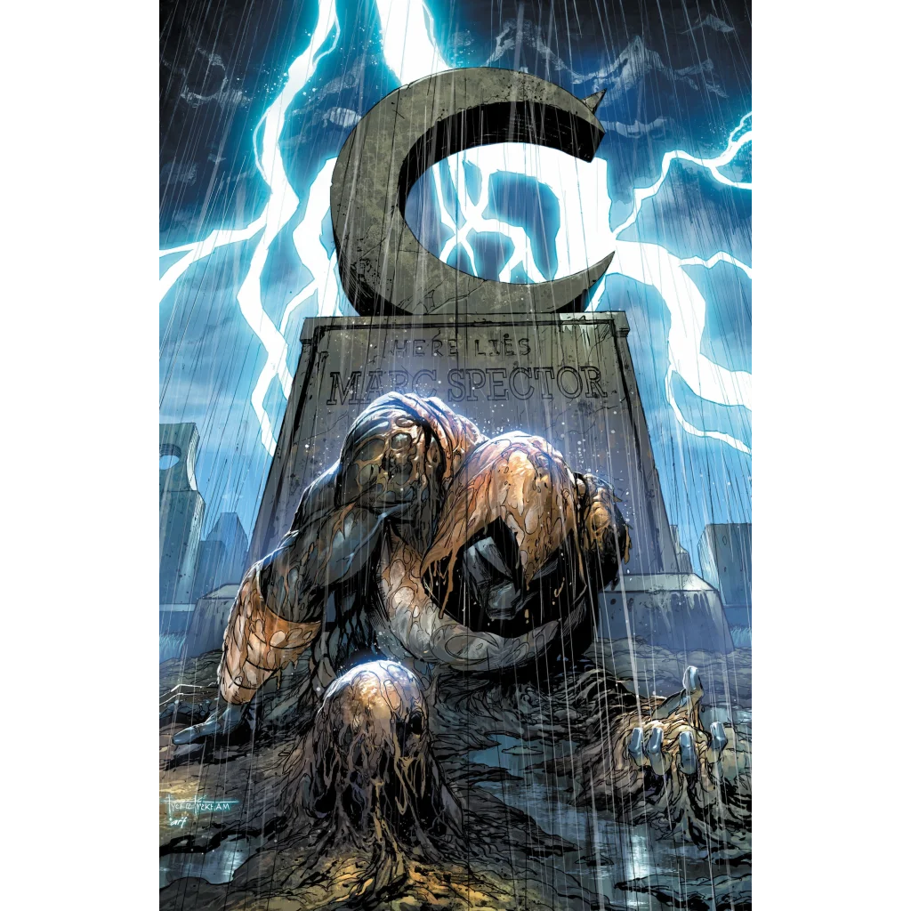 Mud-covered monster emerging from ground near crescent moon tombstone, featured in Moon Knight Tyler Kirkham comic