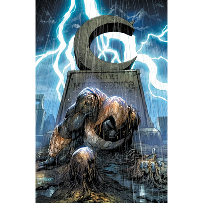 Mud-covered monster emerging from ground near crescent moon tombstone, featured in Moon Knight Tyler Kirkham comic