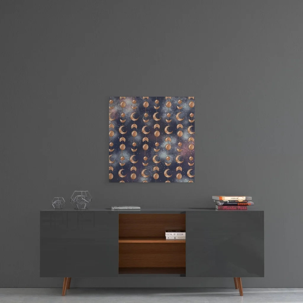 Golden moon phases glass art panel on starry background, size comparison