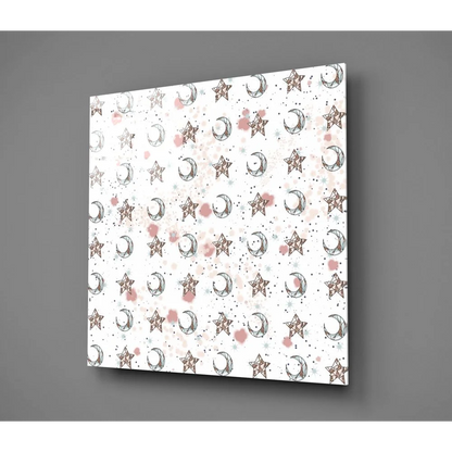 Celestial moon star tempered glass art print with geometric stars and moons