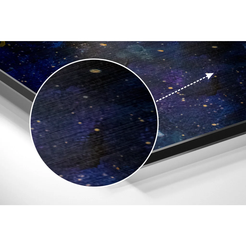 Sleek TV showing cosmic starry night on brushed aluminium dibond print
