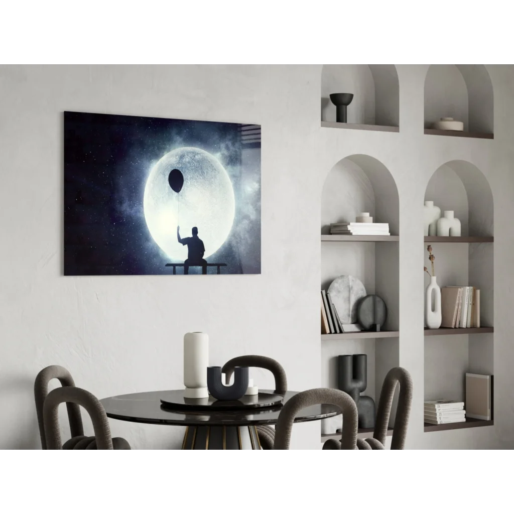 Black-and-white silhouette child with balloon under glowing moon wall art canvas print