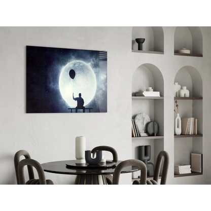 Black-and-white silhouette child with balloon under glowing moon wall art canvas print