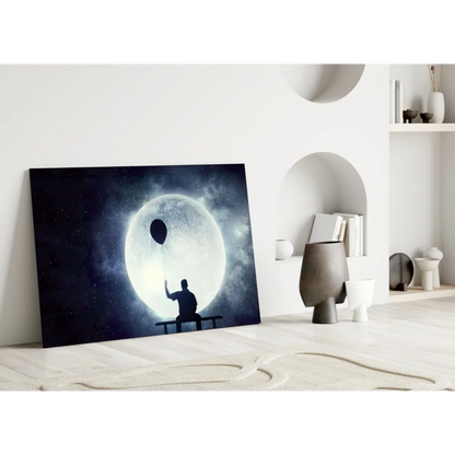 Silhouette of dreamer on bench with balloon under moon, canvas wall art print