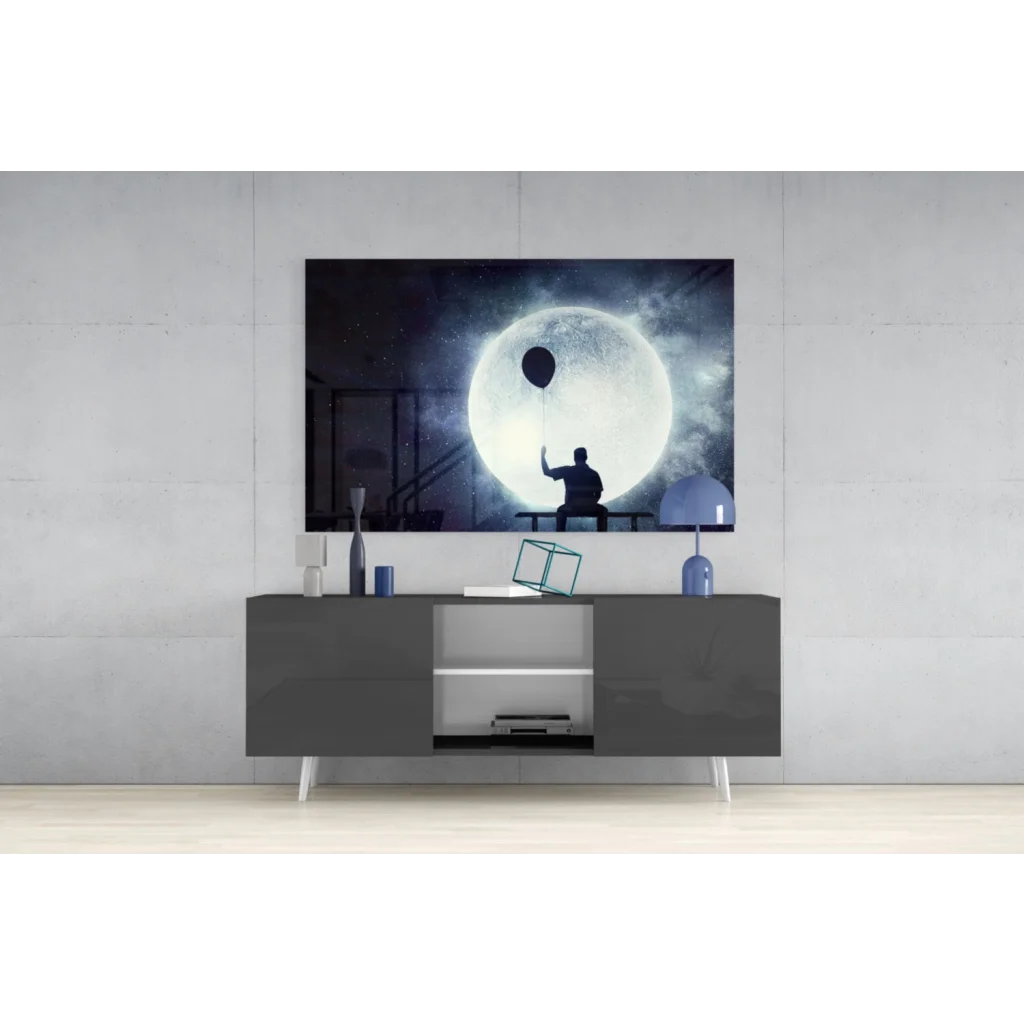 Moonlight Dreamer silhouette glass wall art with sleek gray media console