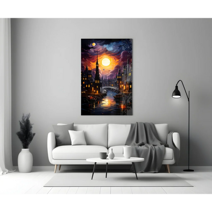 Gothic fantasy cityscape wall art canvas with glowing sunset spires