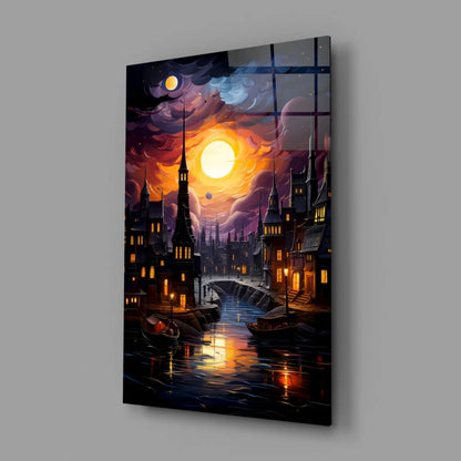 Gothic fantasy cityscape wall art canvas with glowing sunset spires