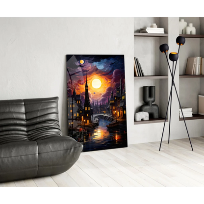 Gothic fantasy cityscape wall art canvas with glowing sunset spires