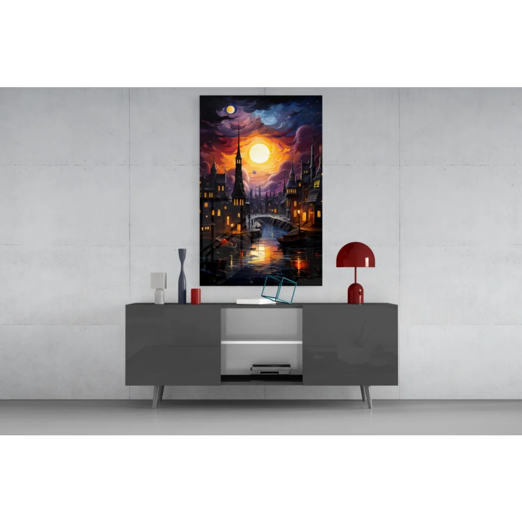 Gothic fantasy cityscape wall art canvas with glowing sunset spires