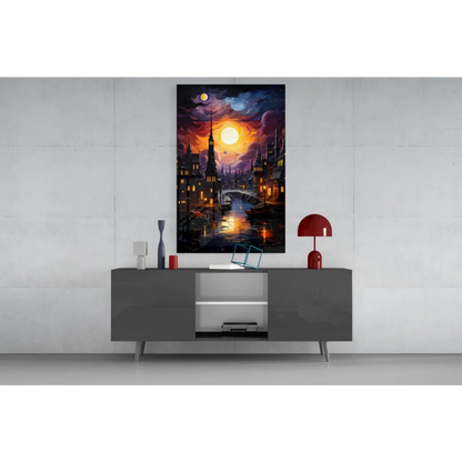 Gothic fantasy cityscape wall art canvas with glowing sunset spires