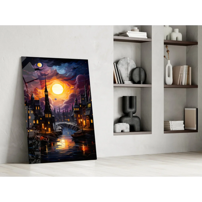 Gothic fantasy cityscape wall art canvas with glowing sunset spires