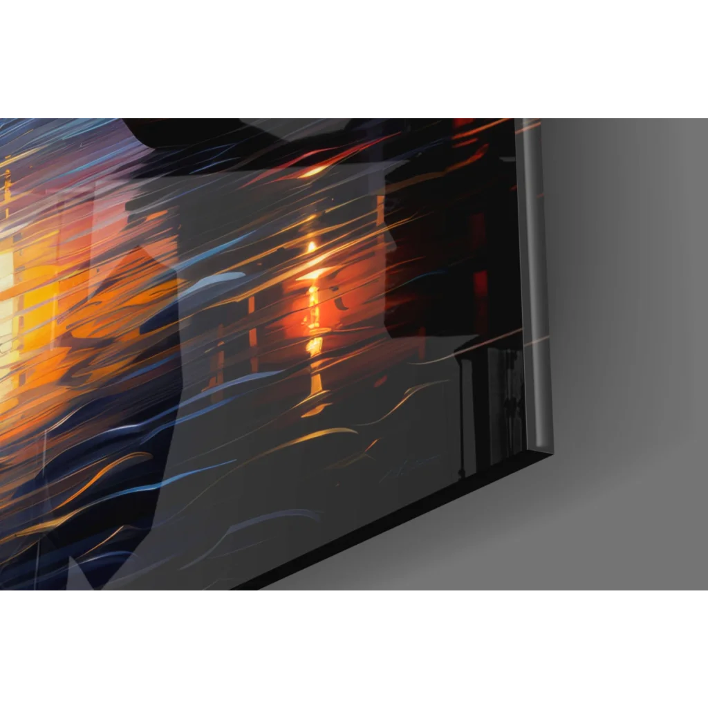 Sleek modern TV displaying glowing sunset spires in Gothic fantasy cityscape wall art