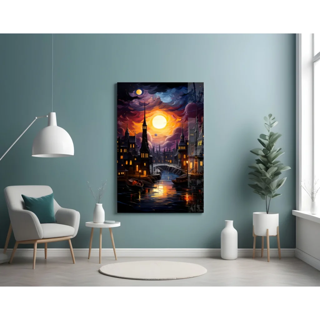 Gothic fantasy cityscape wall art canvas with glowing sunset spires